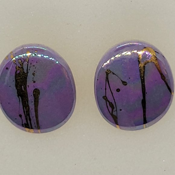 Jewelry - Earrings Purple with Gold Splats Oval Clip on E_OT0016.